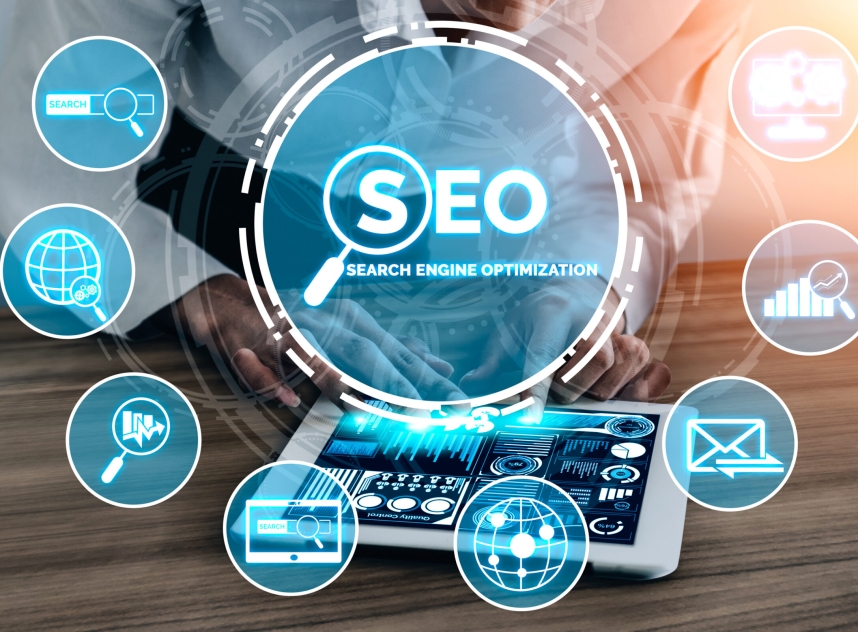 SEO - Search Engine Optimization for Online Marketing Concept. Modern graphic interface showing symbol of keyword research website promotion by optimize customer searching and analyze market strategy.